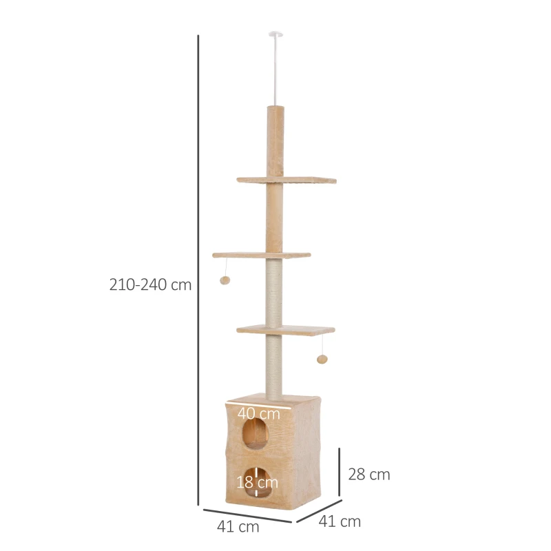 PawHut Stalp de zgariat de Pod pe mai multe Niveluri 210-240cm cu franghie din Iuta Bej