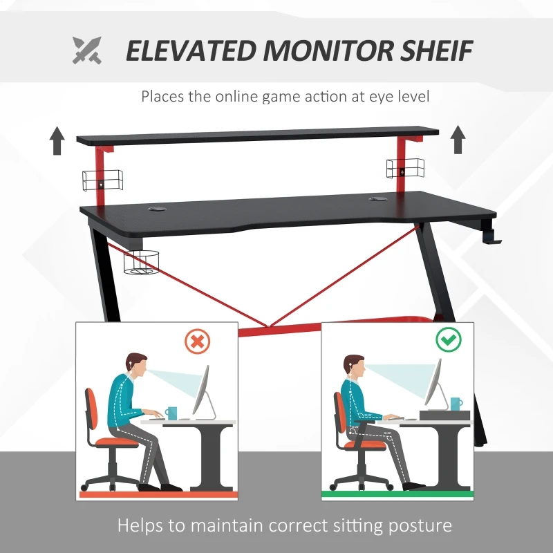 HOMCOM Birou Gaming cu raft monitor si accesorii negru si rosu 120x60x97cm