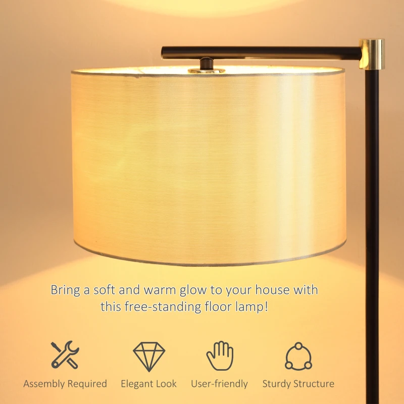 HOMCOM Lampă de podea cu abajur din material textil și bază din lemn, Fixare E27, 48x32x152cm - auriu / negru