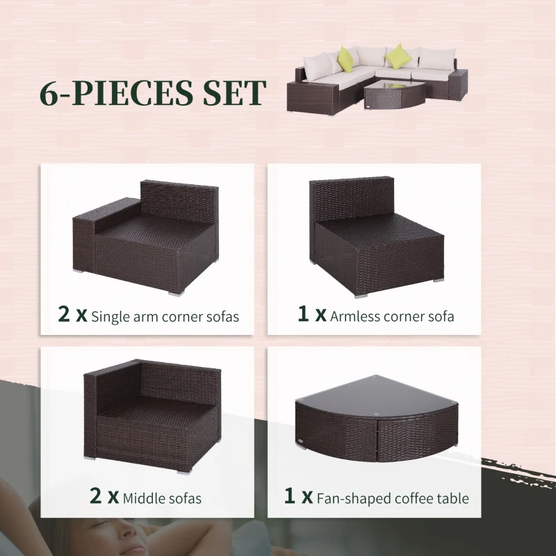 Outsunny Set Salon de Gradina din Rattan din PE de 6 Piese, Canapea cu Perne si Masuta cu Raft de Sticla