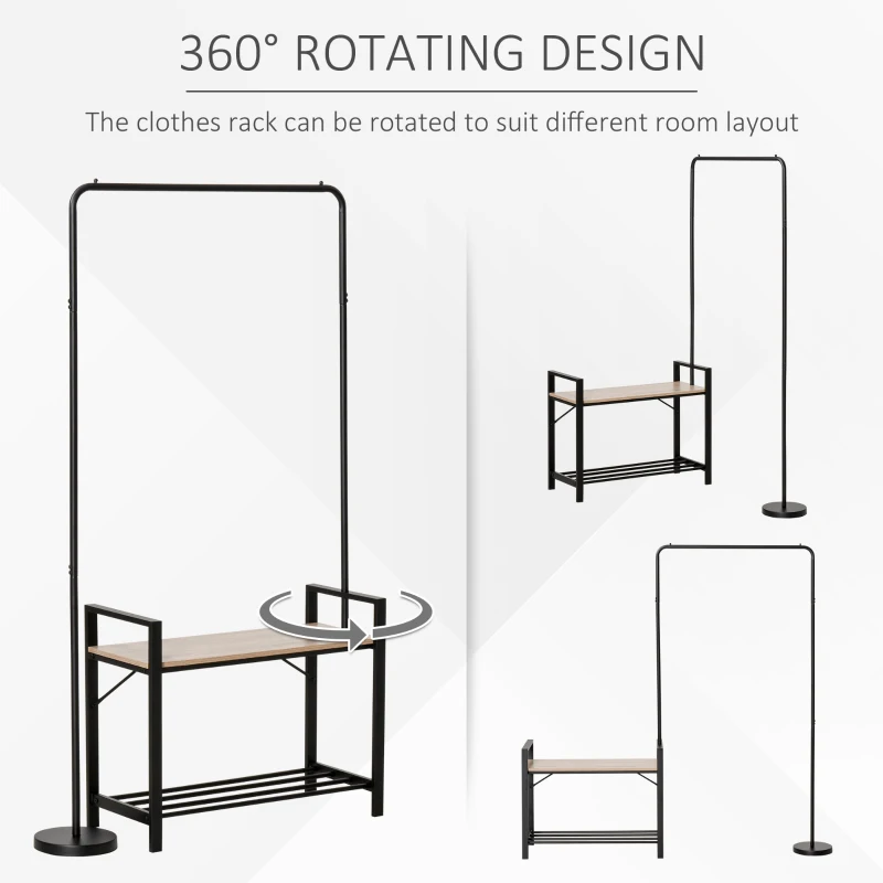 HOMCOM Suport de haine de Perete Bancuta Suport de Pantofi Stalp Pivotant la 360° din Metal Lemn