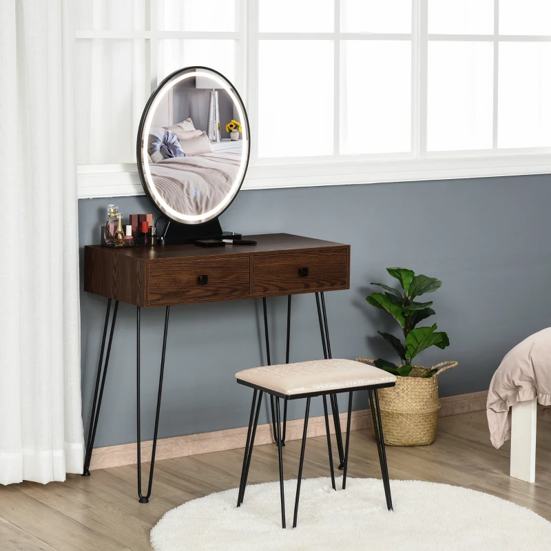 HOMCOM Masa de toaleta cu Oglinda Stil Industrial Lumini tip LED si Taburet Culoare Nuc