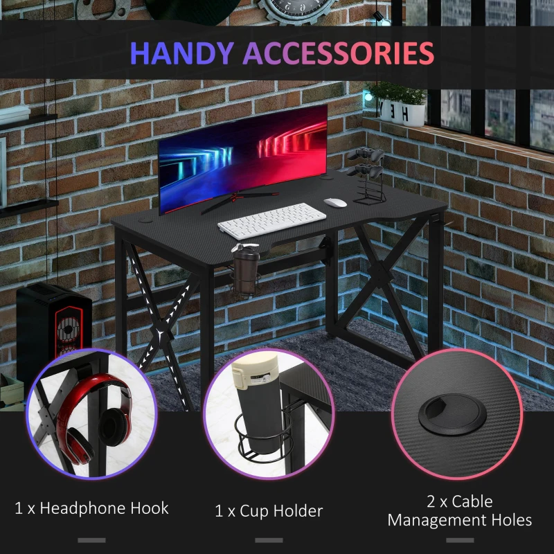 HOMCOM Birou gaming cu lumini LED suport pahare si carlig pentru casti negru