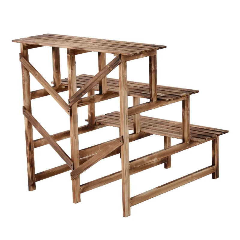 Outsunny Suport pentru Ghivece cu 3 Niveluri din Lemn de Brad, 80x80x78 cm, Lemn Natural