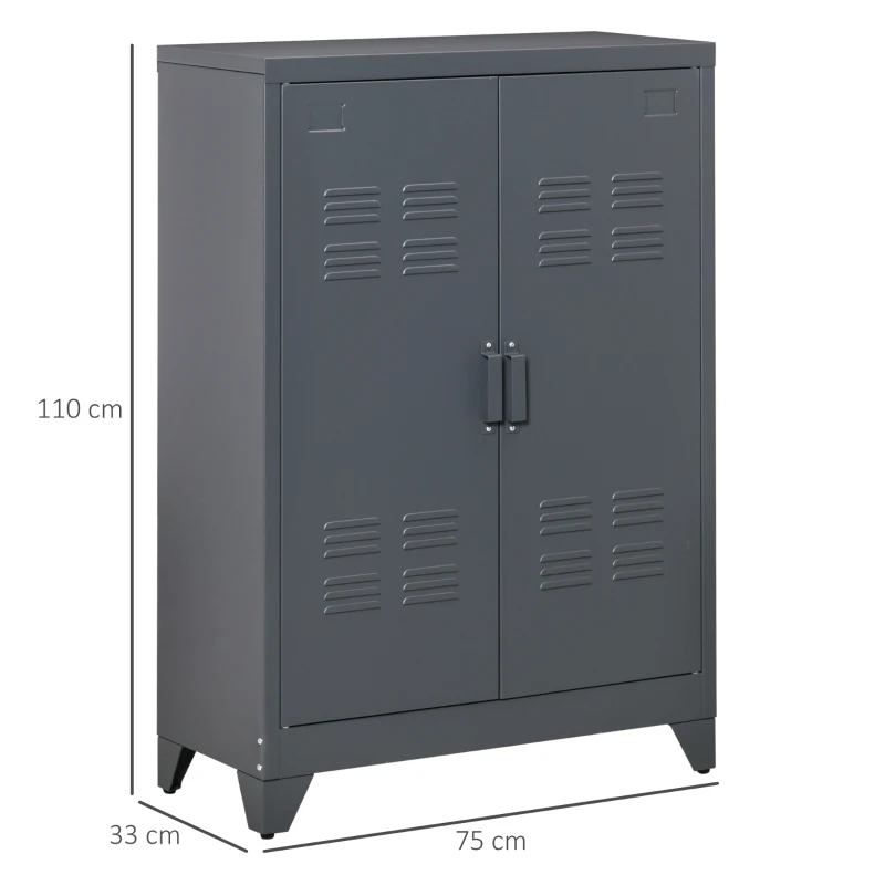 HOMCOM Dulapior Multifunctional cu 2 Usi Stil Industrial, Dulapior Metalic pentru Casa si Garaj - Gri