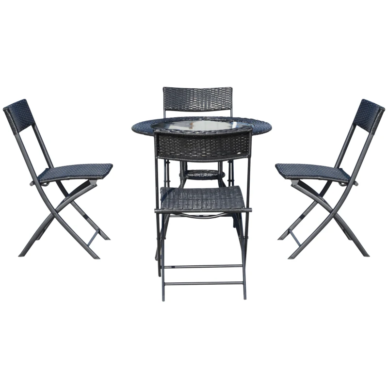 Outsunny Set 5 Mobiliere de Gradina in Rattan 4 Scaune Pliabile 1 Masuta in Sticla Securizata Monostrat, Negru