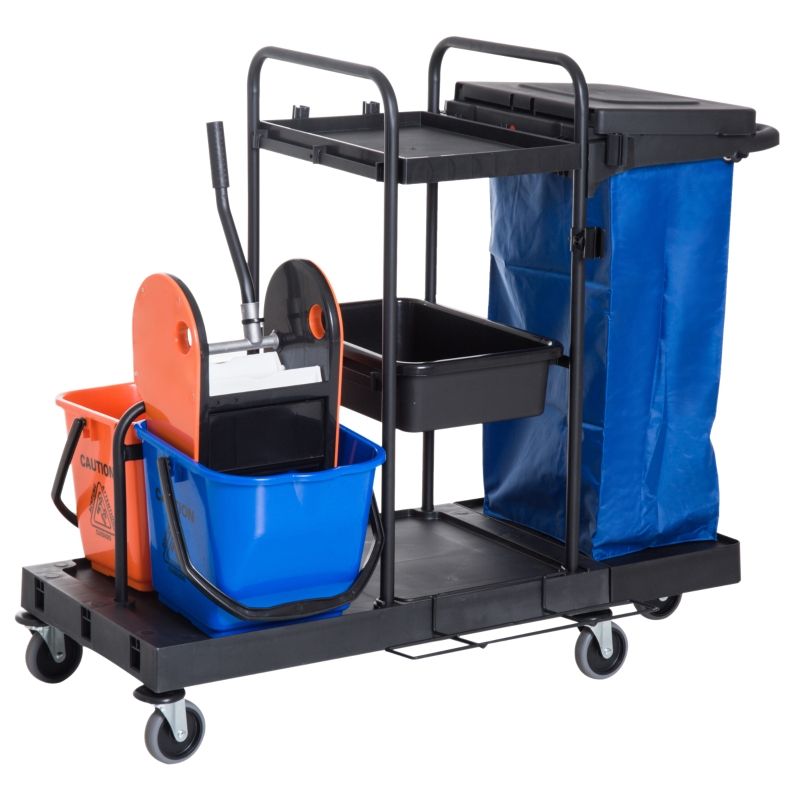 Homcom Carucior Curatenie Profesionala Multifunctional cu 2 Galeti Capacitate 18L si Roti, Albastru