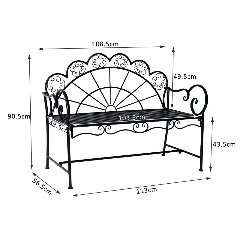 Outsunny Panchina da Giardino Biposto Stile Classico in Ferro, Nero, 113x56.5x90.5cm