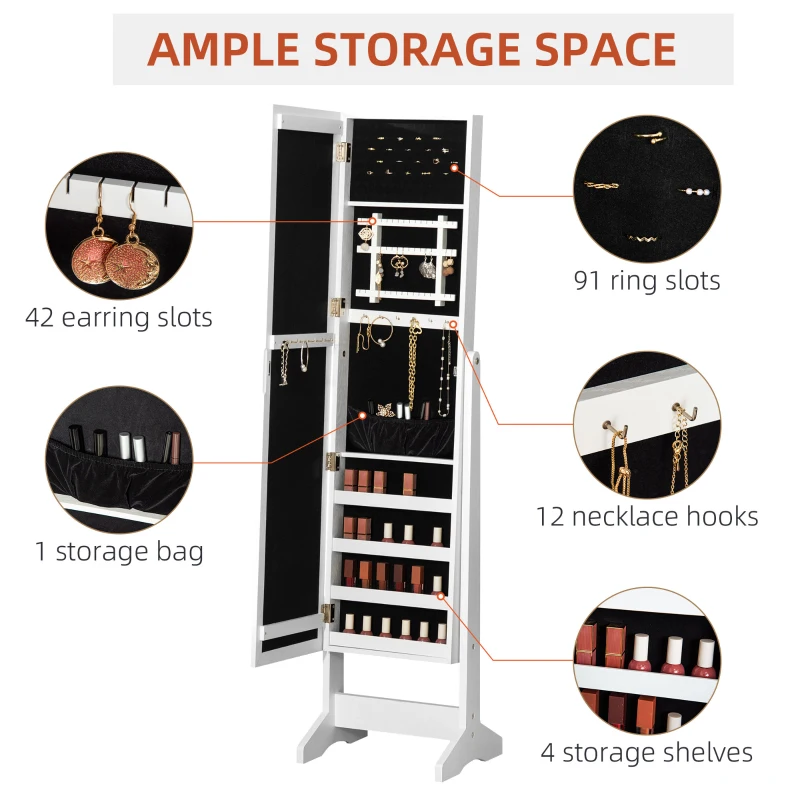 HOMCOM Oglinda Suport Bijuterii Reglabila cu Dulap pentru Bijuterii Autoportant- Alb