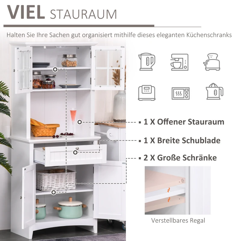 HOMCOM hoge kast keukenkast dressoir vitrinekast commode met lade glazen deuren veel opbergruimte voor keuken woonkamer MDF wit 68,6 x 40 x 164 cm