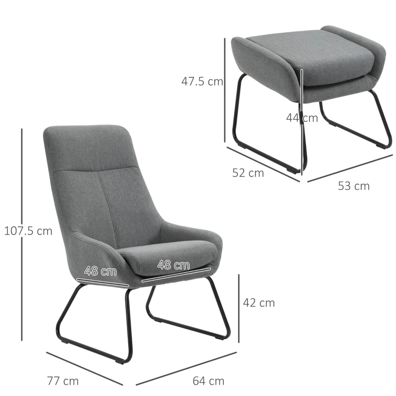 HOMCOM Set Fotoliu cu Pouf pentru picioare, Capitonate, din Metal si Tesatura Gri
