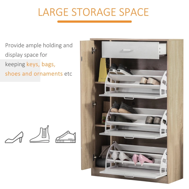 HOMCOM Dulap pentru Incaltaminte care Economiseste Spatiu cu 3 Usi si Rafturi Reglabile, Sertar si Dulapior, 84x30x132cm Stejar/Alb