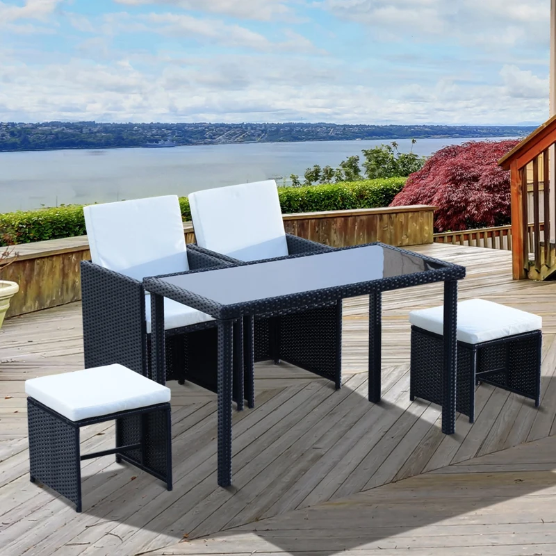 Outsunny Set Mobilier de Gradina in PE Rattan Mese 2 Scaune 2 Taburet cu Perne, Negru