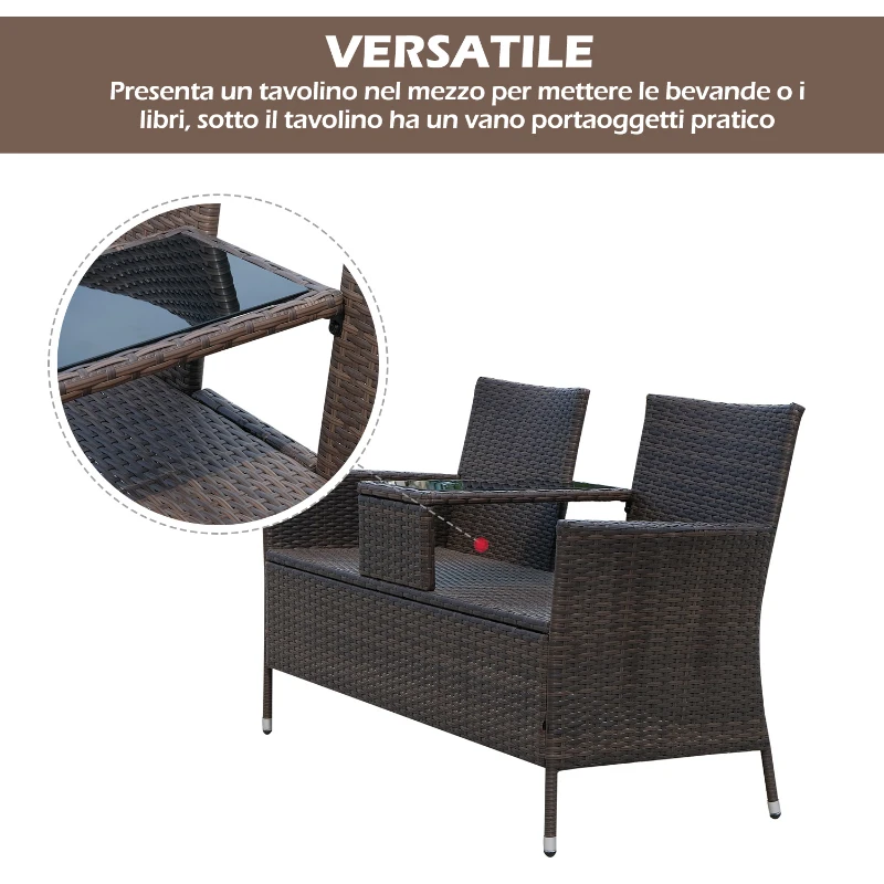 Outsunny Canapea de Gradina 2Locuri cu Masa si Perne in PE Rattan, 63x133x84cm, Maro