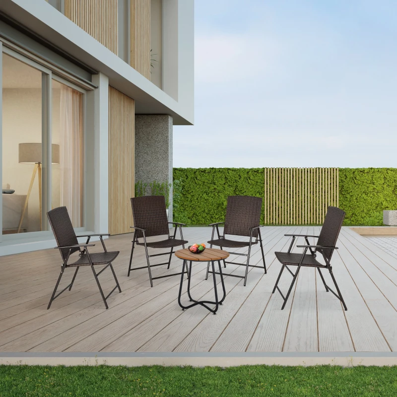 Outsunny Set 4 Bucati Scaune Pliante de Gradina din Ratan si Otel Maro