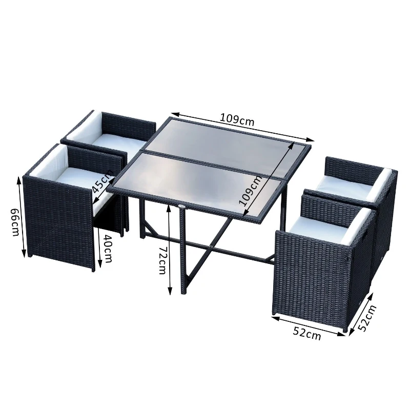 Outsunny Set Mobilier de Grădină cu Masă de Prânz, 4 Scaune și Perne, 109x109x72 cm, Negru