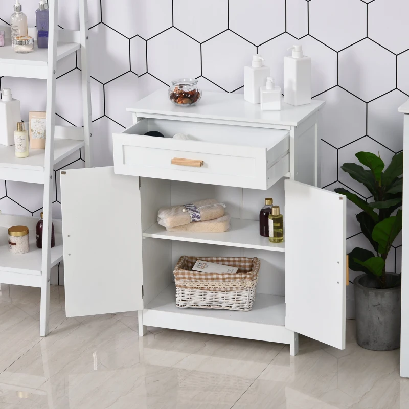 kleankin Dulăpior de Baie Multifuncțional cu Ușă Dublă Articulată și Sertar Organizator Îngust, 59x29x80 cm, Alb(m-2)