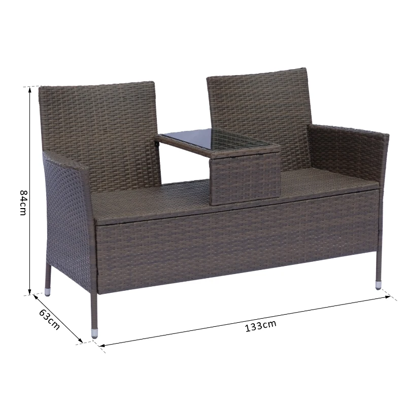 Outsunny Canapea de Gradina 2Locuri cu Masa si Perne in PE Rattan, 63x133x84cm, Maro