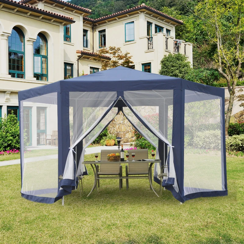 Outsunny Foisor cu Forma Hexagonal de Gradina Schelet din Fier cu 6 Plase pentru Tantari, Albastru/Alb,195x250x197cm