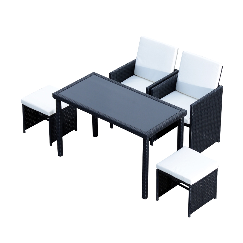 Outsunny Set Mobilier de Gradina in PE Rattan Mese 2 Scaune 2 Taburet cu Perne, Negru