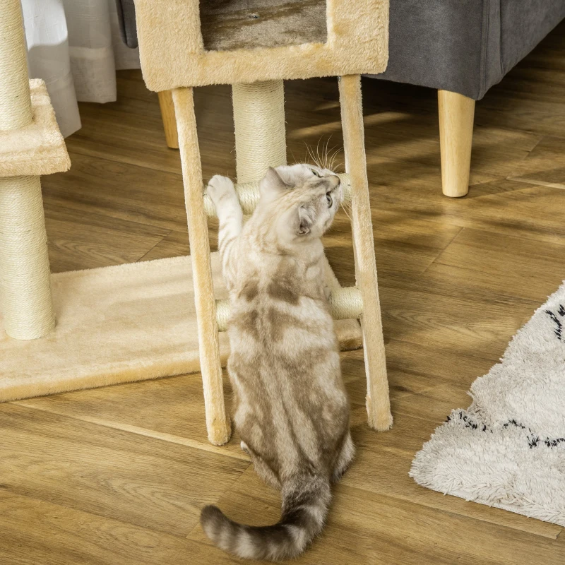 Stalp de zgariat pentru Pisici cu mai multe niveluri PawHut cu Hamac si Casuta, Franghii din Sisal Natural, 55 × 30 × 100 cm