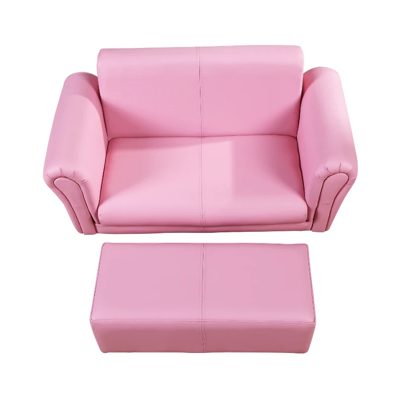 Homcom Mini Canapea pentru Copii intre 3 si 7 ani cu Taburet in PVC si Lemn Roz 83x42x41cm