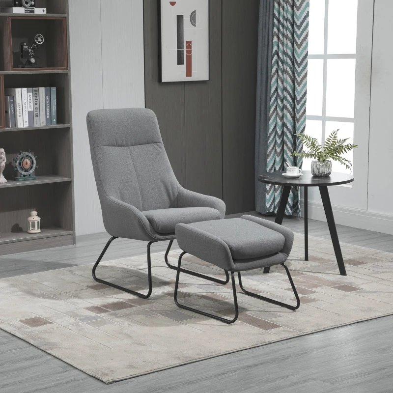 HOMCOM Set Fotoliu cu Pouf pentru picioare, Capitonate, din Metal si Tesatura Gri