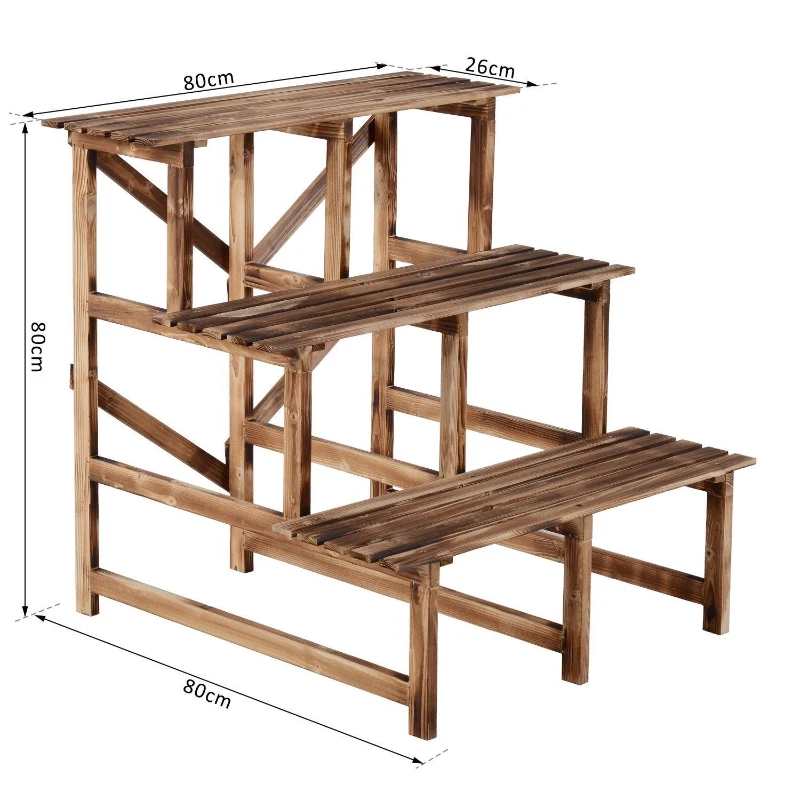 Outsunny Suport pentru Ghivece cu 3 Niveluri din Lemn de Brad, 80x80x78 cm, Lemn Natural