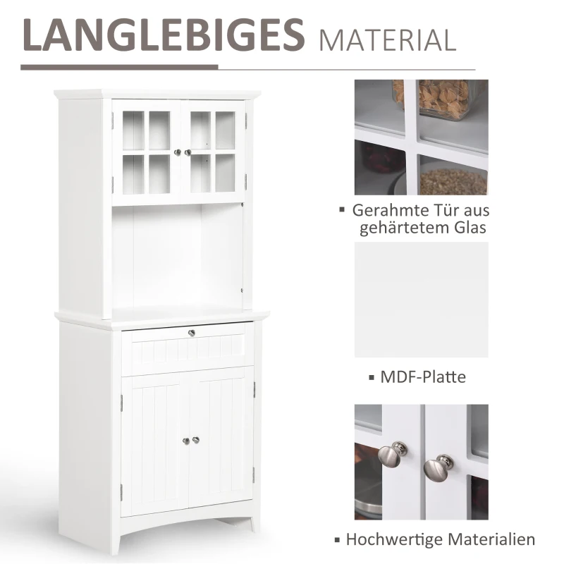 HOMCOM hoge kast keukenkast dressoir vitrinekast commode met lade glazen deuren veel opbergruimte voor keuken woonkamer MDF wit 68,6 x 40 x 164 cm