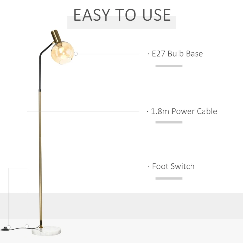 HOMCOM Lampa de Podea Moderna din Metal, Lampa de Design cu Abajur din Sticla pentru Becuri - Negru si Auriu