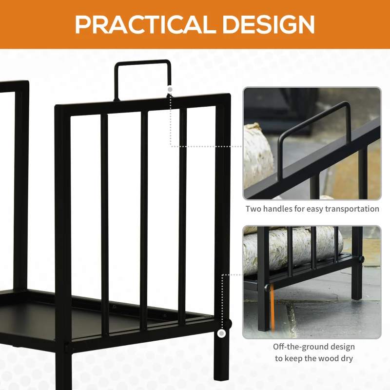 Outsunny Suport pentru Lemne din Metal, cu 2 Mânere și Bază Ridicată pentru 50kg de Lemne, 39x32.5x46 cm, Negru