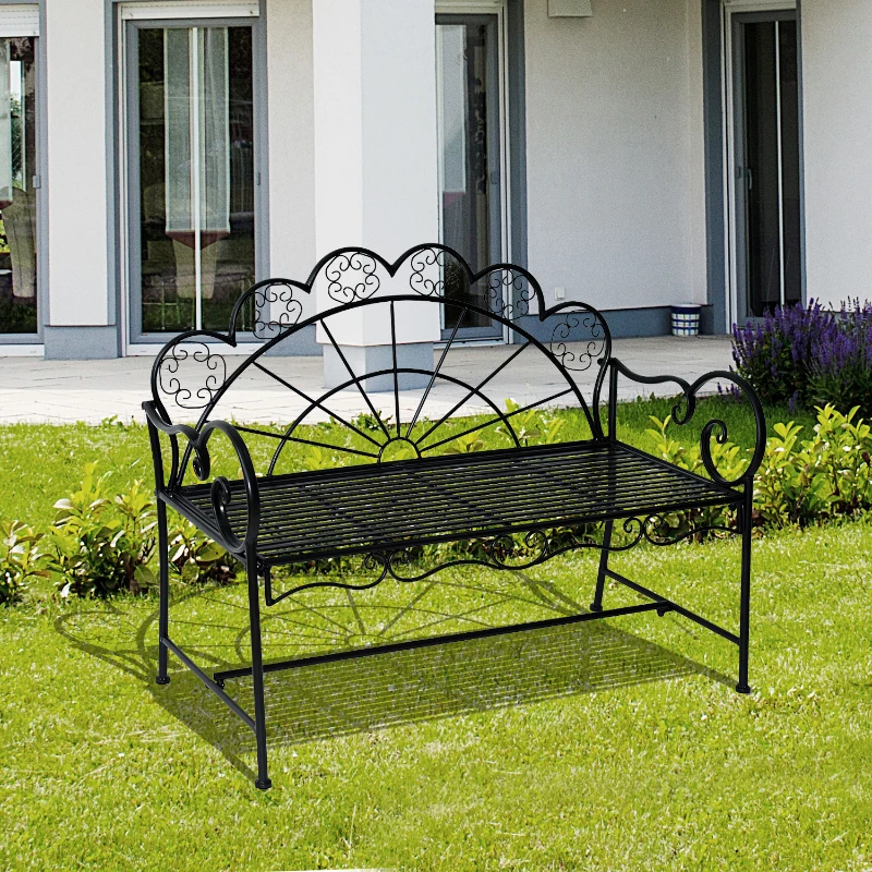 Outsunny Panchina da Giardino Biposto Stile Classico in Ferro, Nero, 113x56.5x90.5cm