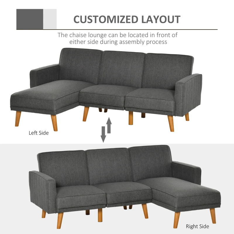 HOMCOM Canapea Extensibila pe Colt cu 3 Locuri din Tesatura Gri Lounge Reversibil