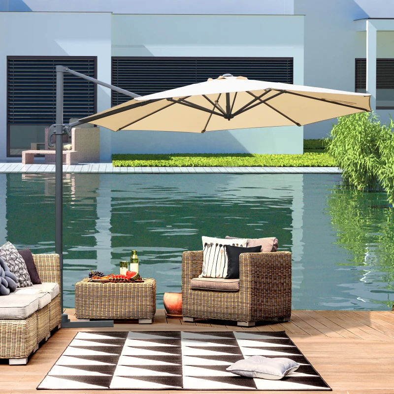 Outsunny Ombrellone Decentrato da Giardino Angolazione Regolabile Girevole a 360°, Beige Φ2.95x2.5m