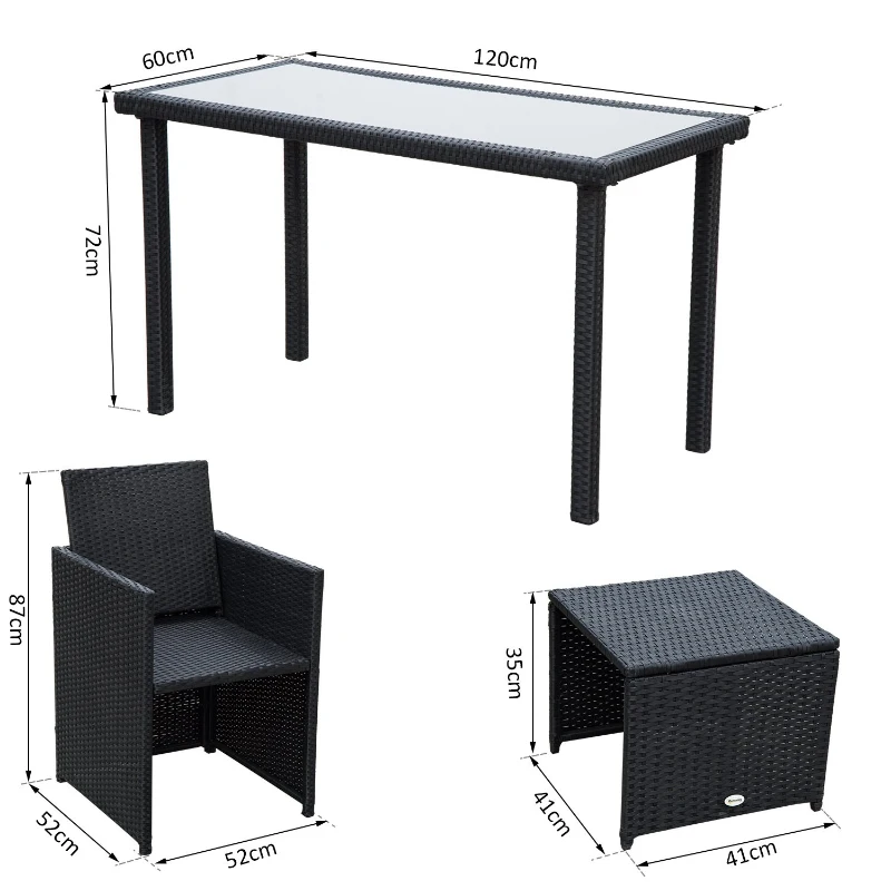 Outsunny Set Mobilier de Gradina in PE Rattan Mese 2 Scaune 2 Taburet cu Perne, Negru