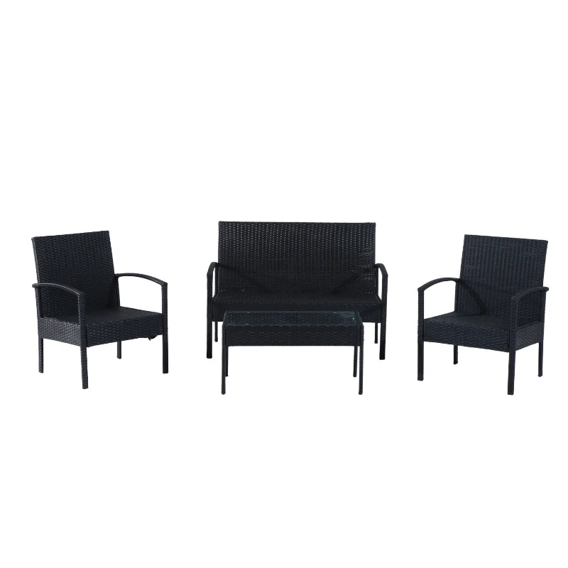 Outsunny Set Mobila in PE Rattan de Extern cu Masa, 2 Fotolii si Canapea cu Perne, Negru(m-7)