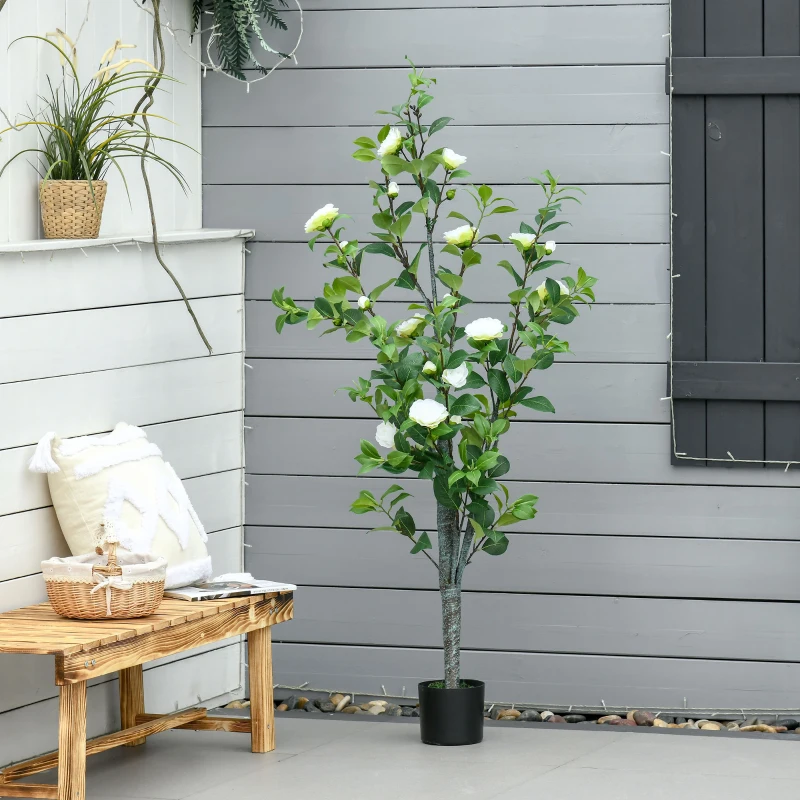 HOMCOM Planta Artificiala Arbore Camelia cu Ghiveci si 25 Flori pentru Interior si Exterior, Inaltime 150cm - Verde/Alba