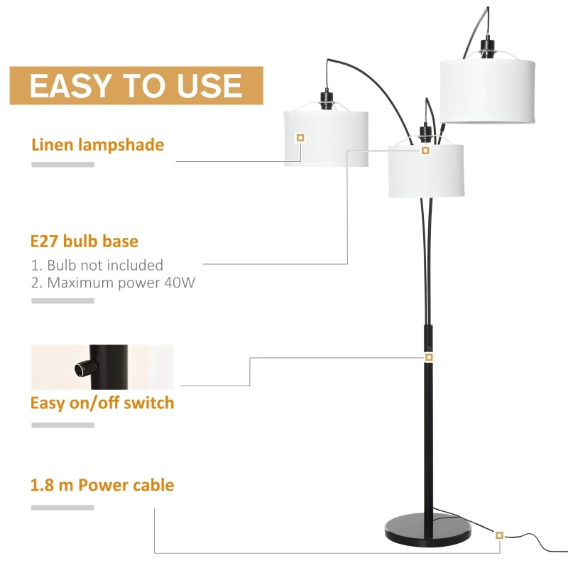 HOMCOM Lampa de Podea cu 3 Lumini si Brate Flexibile Baza din Marmura Inaltime 205cm
