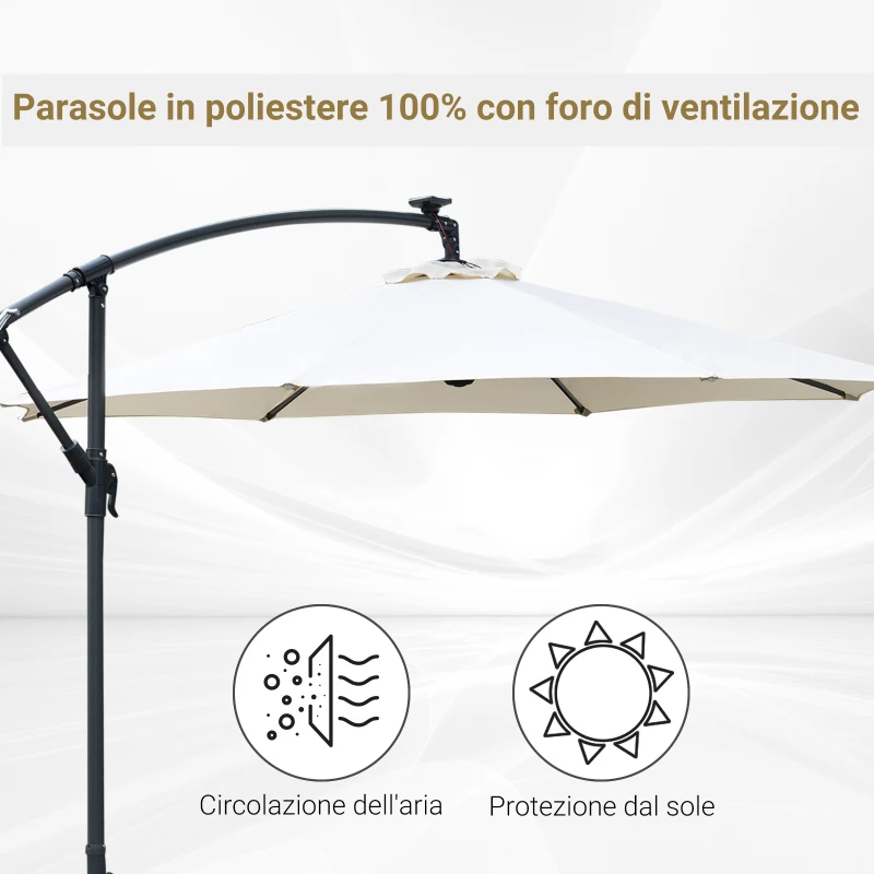 Outsunny Umbrela de Soare cu Brat, Manivela si 8 benzi LED cu Energie Solara