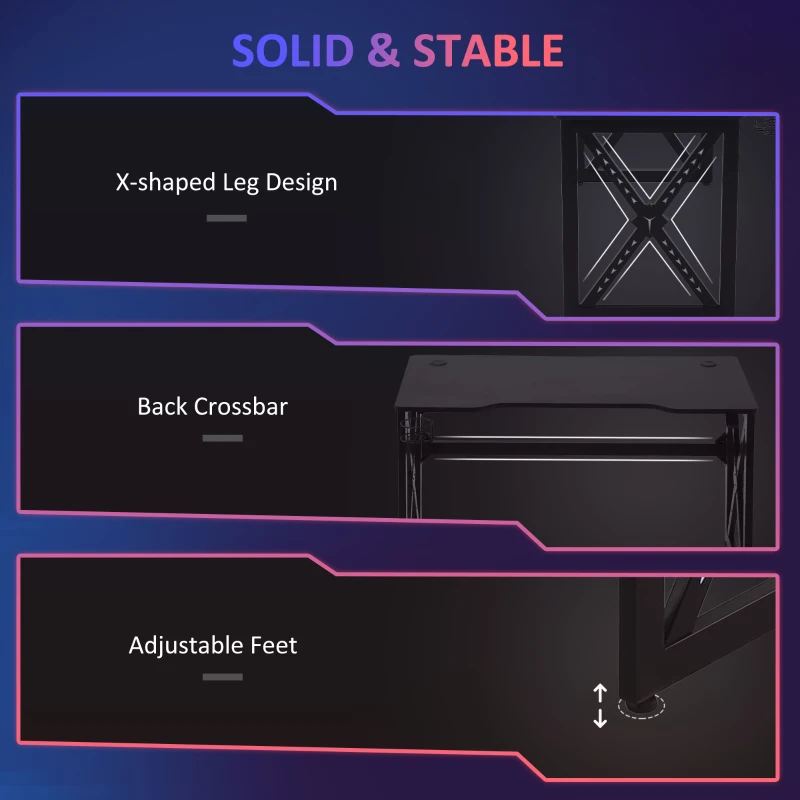 HOMCOM Birou gaming cu lumini LED suport pahare si carlig pentru casti negru