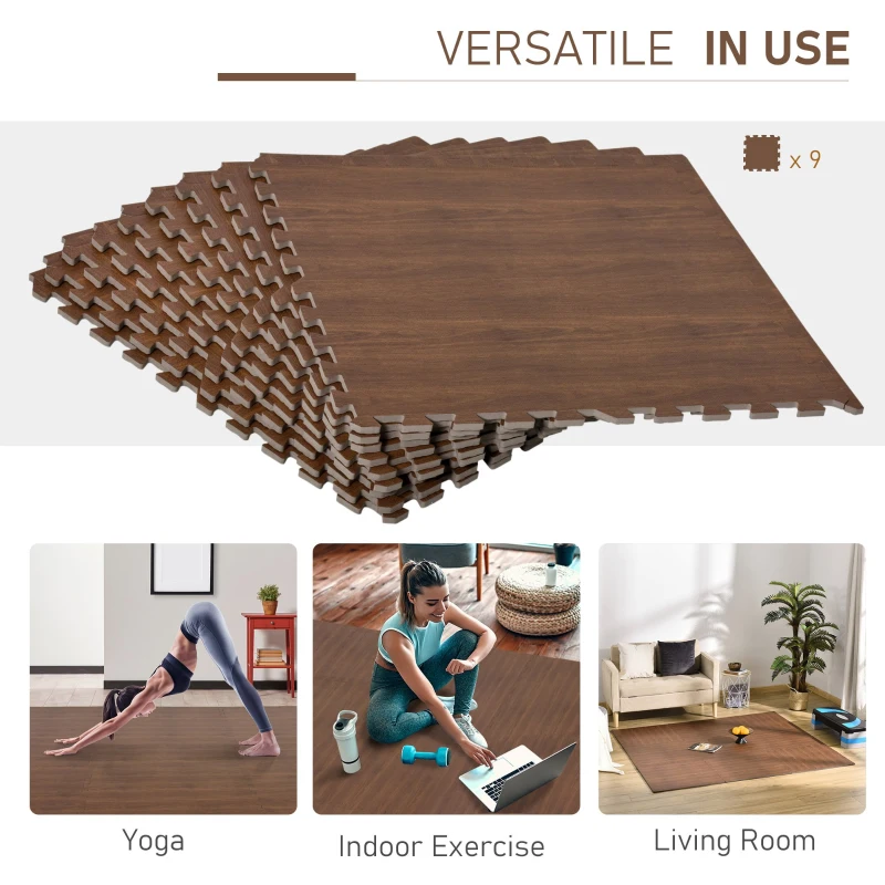 HOMCOM Covor Puzzle Antiderapant Efect Lemn 9 Piese Suprafata acoperita 3,24m²