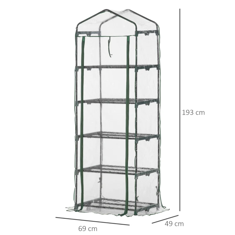 Outsunny Mini Sera pentru Plante cu 5 Etajere din Otel cu Copertina din PVC, 69x49x193cm