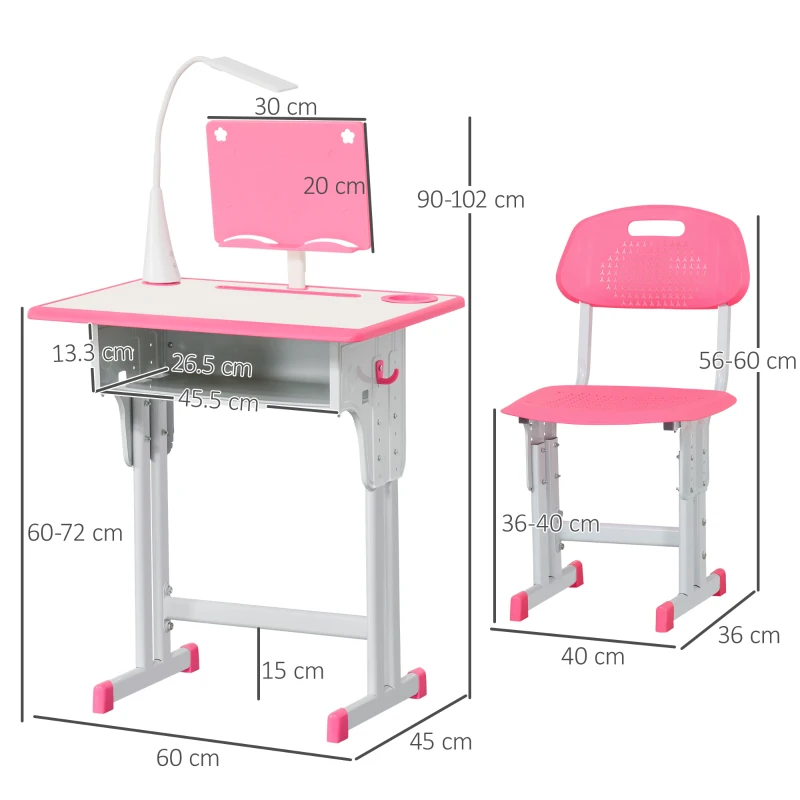 Homcom Set Birou Copii 6–12 Ani – Reglabil cu Lampa Roz