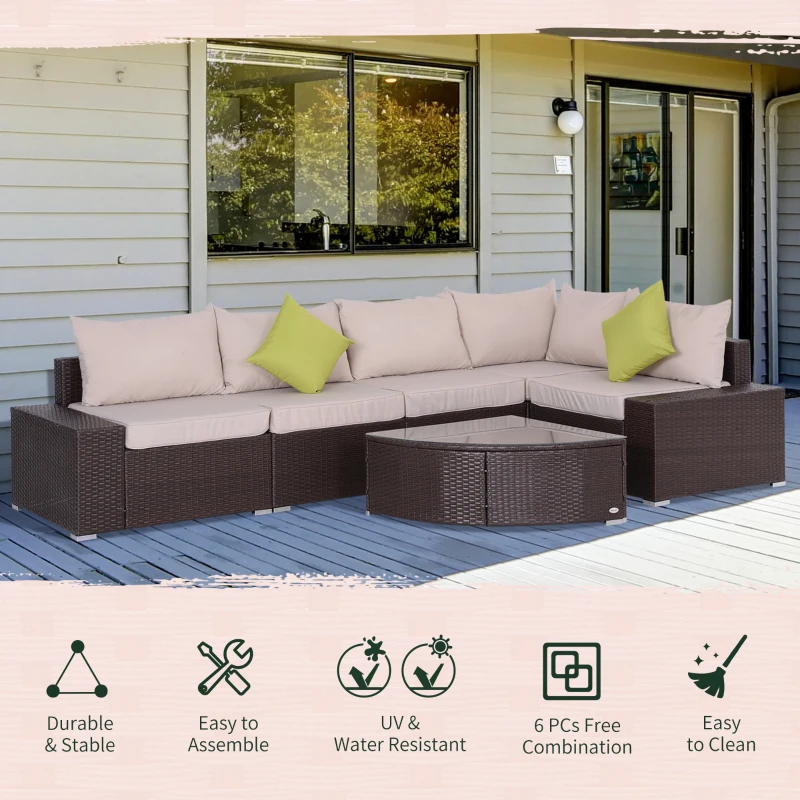 Outsunny Set Salon de Gradina din Rattan din PE de 6 Piese, Canapea cu Perne si Masuta cu Raft de Sticla