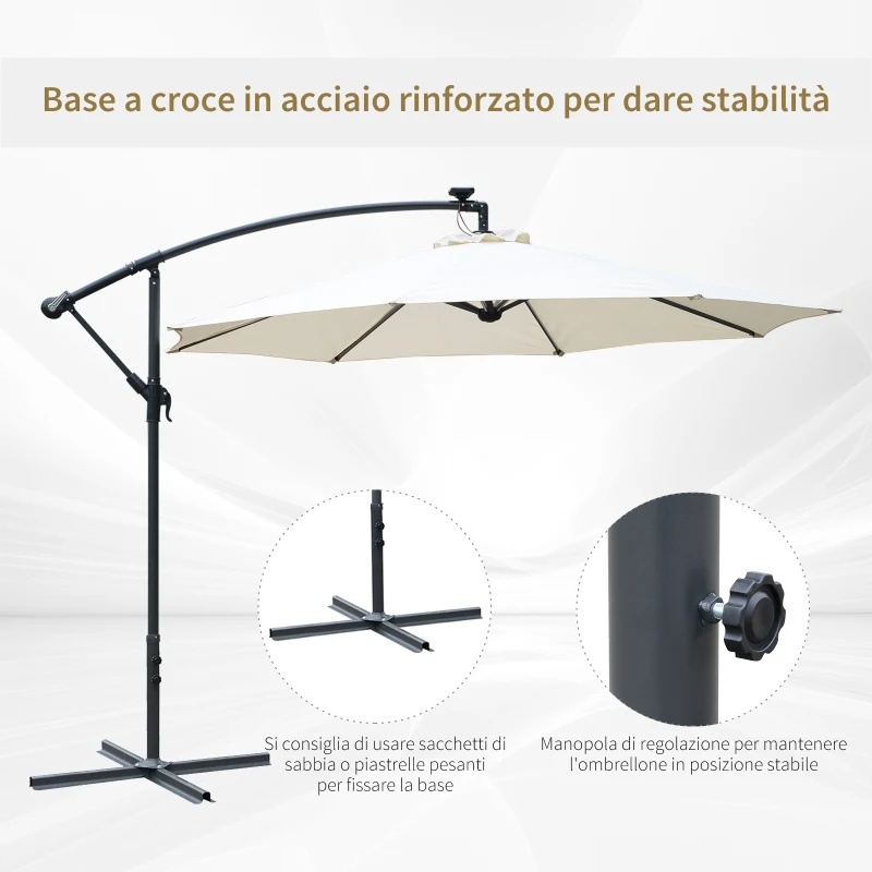 Outsunny Umbrela de Soare cu Brat, Manivela si 8 benzi LED cu Energie Solara