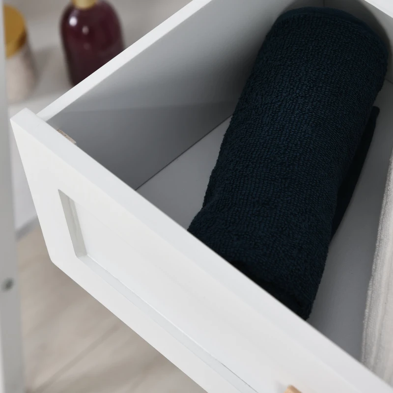 kleankin Dulăpior de Baie Multifuncțional cu Ușă Dublă Articulată și Sertar Organizator Îngust, 59x29x80 cm, Alb(m-9)