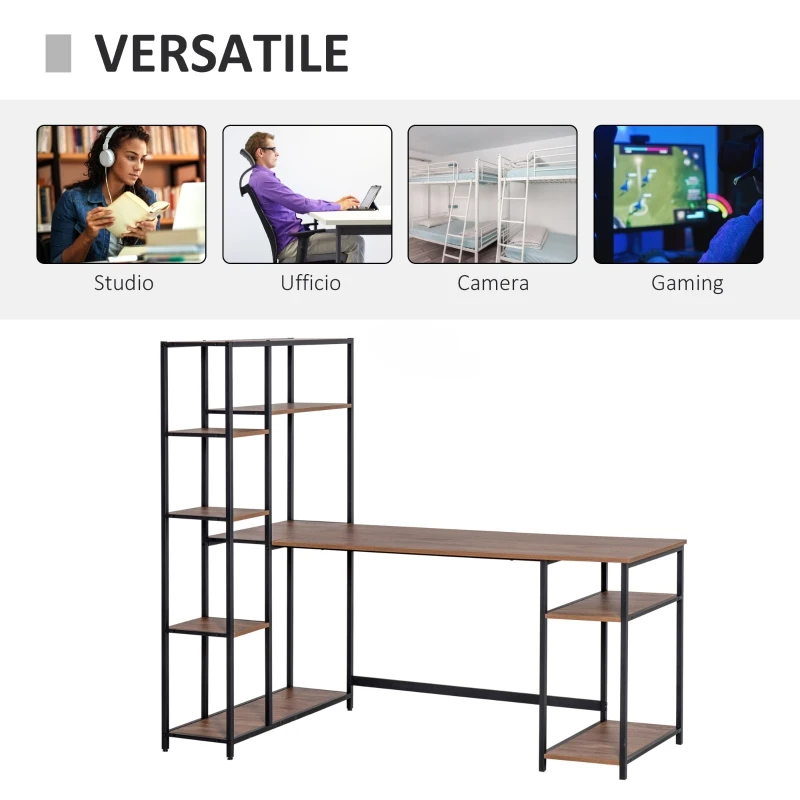 HOMCOM Birou cu biblioteca Stil Industrial, Metal/MDF, 170 x 90 x 148.5 cm, Negru/Maro