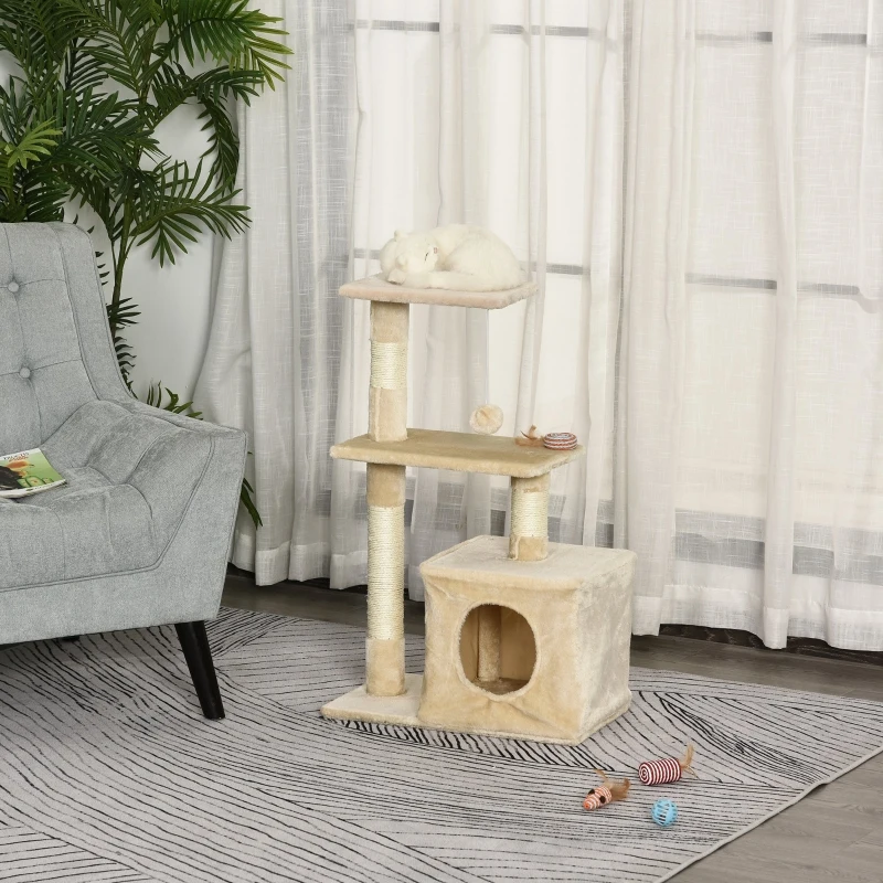 PawHut Centru de activitati cu spatiu pentru zgariat si culcus pentru pisici minge sfoara din sisal plus din lemn bej