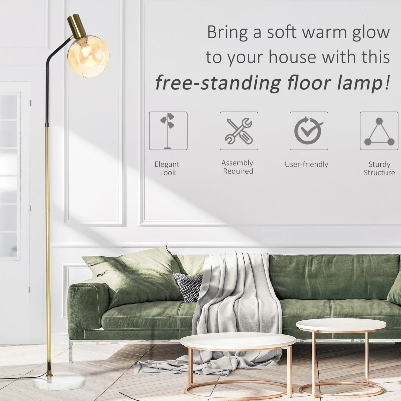 HOMCOM Lampa de Podea Moderna din Metal, Lampa de Design cu Abajur din Sticla pentru Becuri - Negru si Auriu