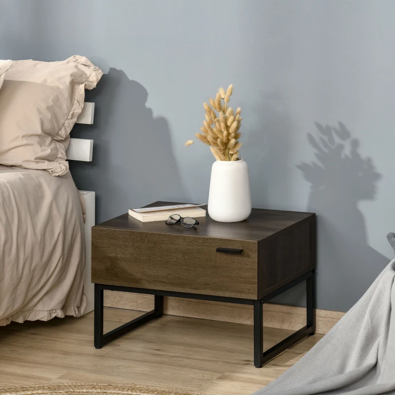 HOMCOM Noptiera Stil Industrial cu Sertar Masuta de Sufragerie din Lemn Otel